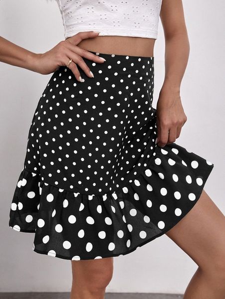 

polka dot ruffle hem skirt o52p#, Black