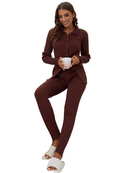 

ribbed knit button front cardigan & knit pants p3nr#, White;black