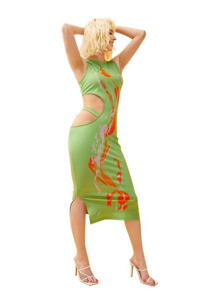 

x creative drip graphic print cutout detail split hem dress 74dz#, Black;gray