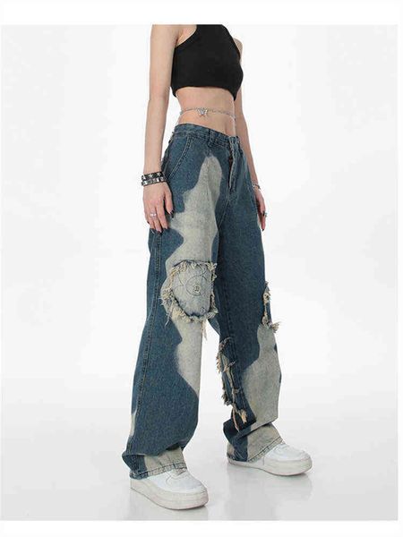 

handmade flower multi-layer patch jeans womens summer new high waist loose straight wide leg neutral denim trousers female pants t220728, Blue