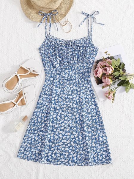 

ditsy floral print knot front cami dress b1pg#, Black;gray