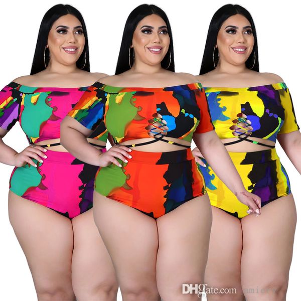 Plus Size Dois Peças Swimsuit Set Mulheres Sexy Print Cindage Um ombro Swimwear Moda Tie Tye Tankini Roupas