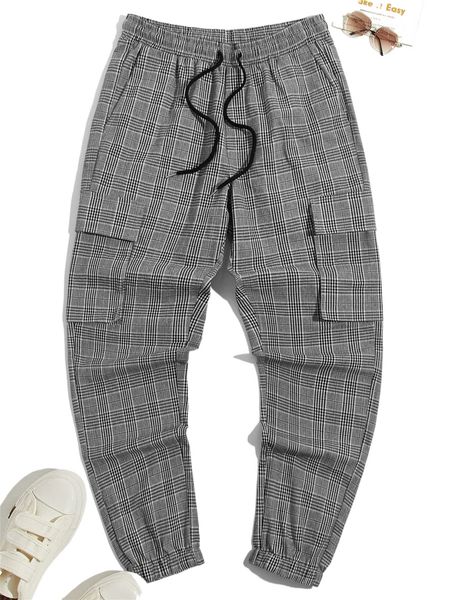 

men plaid drawstring pocket detail pants q7xh#, Black