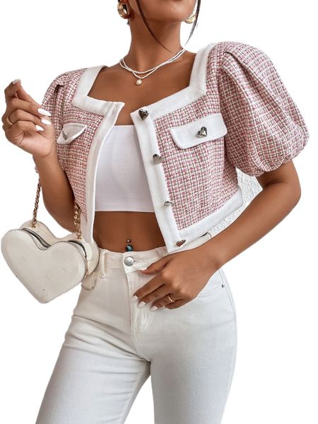 

plaid pattern puff sleeve crop overcoat x6lw#, Black