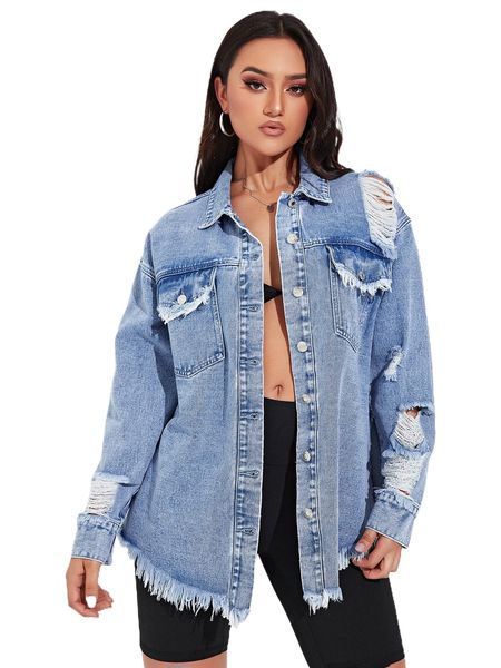 

ripped frayed hem flap pocket drop shoulder denim coat g6or#, Black;brown