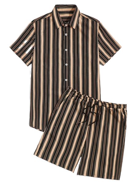 

romwe guys striped button front shirt & drawstring shorts w81w#, Gray