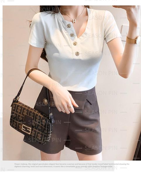 

2022 women's tees short white slim half open collar t-shirt women sleeve tide