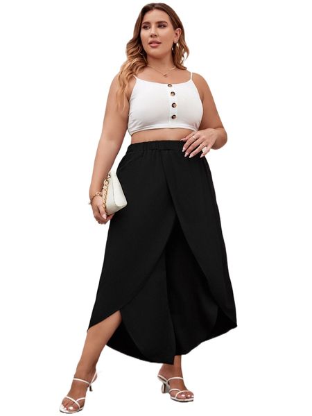 

plus wrap wide leg pants v45t#, Black