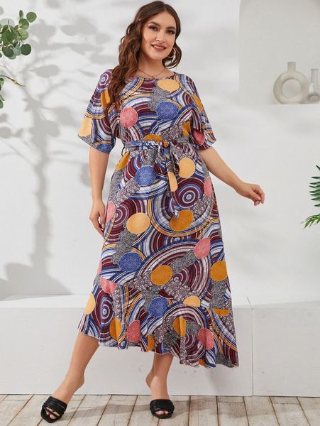 

plus mandala print asymmetrical ruffle hem belted dress z70n#, Black