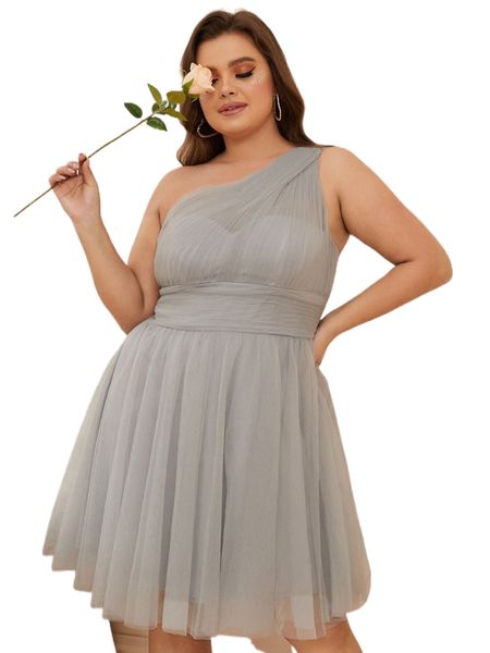 

plus one shoulder ruched flare hem mesh dress 50vp#, Black