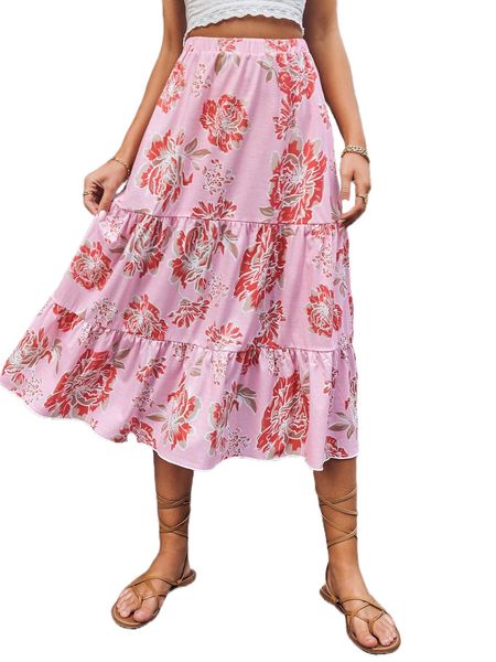 

floral print ruffle hem skirt x6cl#, Black