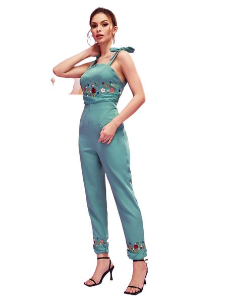 

x anemarie knot shoulder floral embroidery backless jumpsuit o3cs#, Black;white