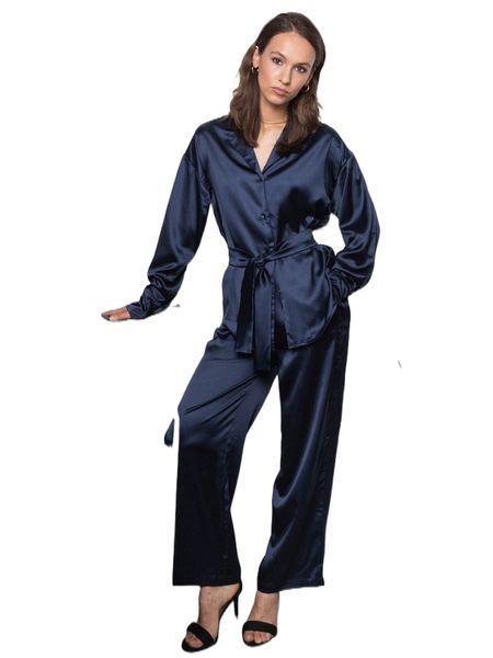 

satin lapel neck belted shirt & pants s8mm#, White