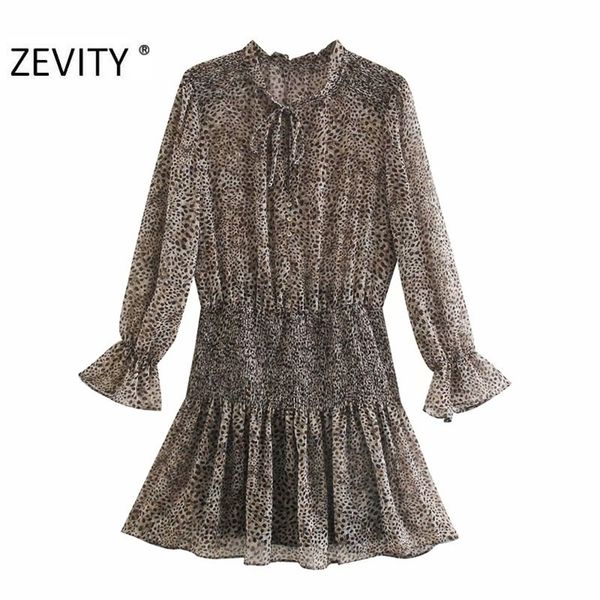 

zevity women vintage v neck leopard print elastic ruffles mini dress female long sleeve vestido chic casual slim dresses 210320, Black;gray