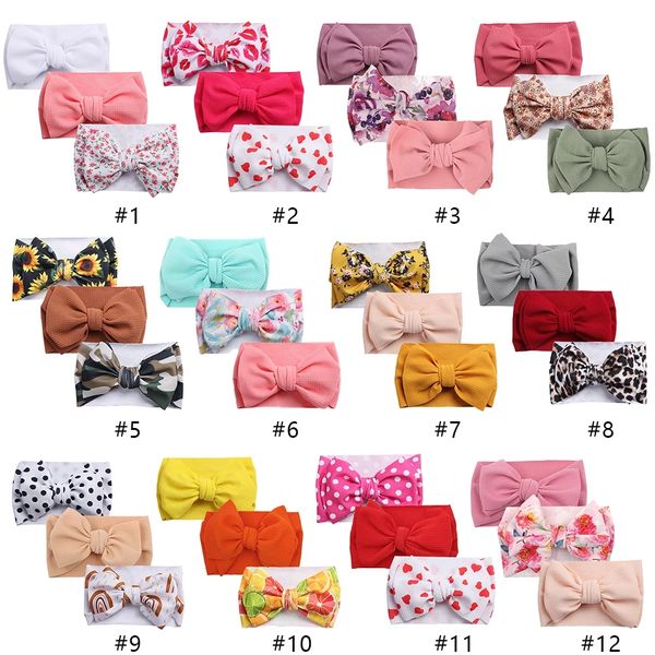 3pc Waffle Reconbor Knit Bandas de cabeça Baby Knotbow Turbano Floral/Leopardo/Arco -Íris Faixa de Cabeça Acessórios para Garotas de Meninas