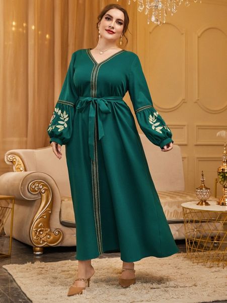 

plus floral embroidery lantern sleeve contrast tape belted dress w3ke#, Black