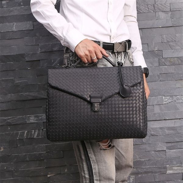 

kaisiludi leather woven mens bag handbag business mens briefcase waxed cowhide postman bag computer shoulder slant span bag 201120