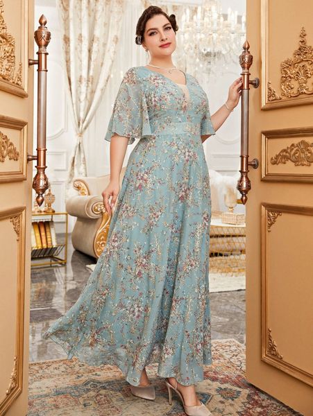 

plus random floral print eyelet embroidery mesh insert butterfly sleeve dress 81sp#, Black