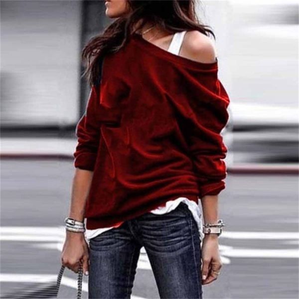 

ecn women t shirt new fashion offshoulder long sleeve round collar solid color casual spring female clothes y200109, White