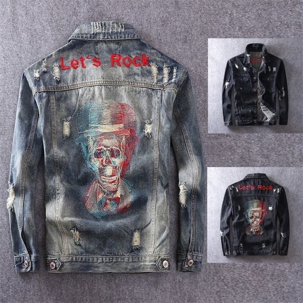 

american street style fashion men jacket coats skull embroidery ripped denim jacket men ship hop jacket biker jaqueta masculina t200502, Black;brown