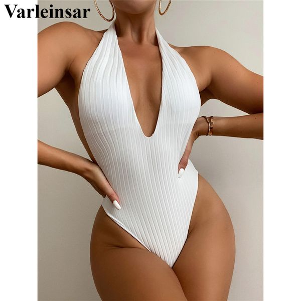 

deep v neck halter women swimwear one piece swimsuit female high cut backless monokini bather bathing suit swim lady v3256, White;black