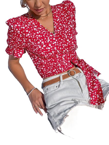 

ditsy floral print puff sleeve knot side blouse 93ih#, White