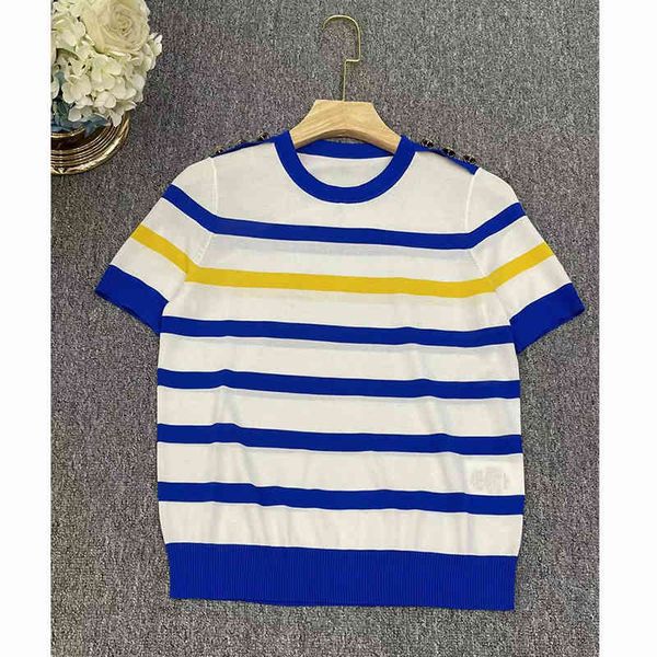 

women's knits tees summer slim fit slim versatile round neck shoulder buttons color matching stripes short sleeved sweater women's, White