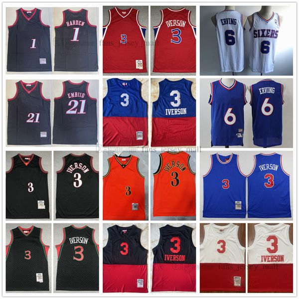 

retro basketball jerseys 6 julius 3 allen erving iverson 21 joel 1 james embiid 96-97 03-04 custom stitched jersey, Black;red