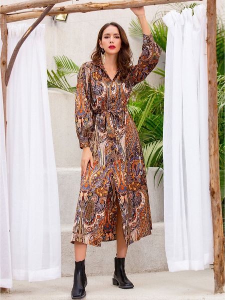 

floral & paisley print belted shirt dress n7t6#, Black;gray