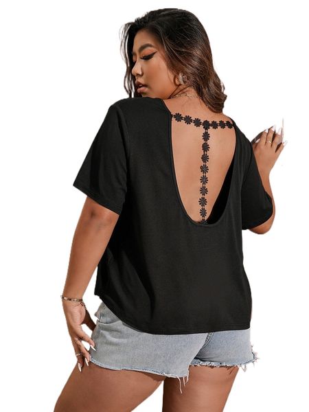 

plus guipure lace panel cut out back tee t2dd#, Black