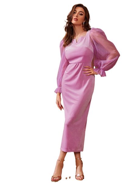 

mesh panel flounce sleeve split back velvet dress without belt c0a2#, Black;gray