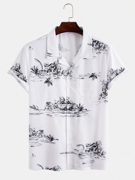 

men landscape print patched pocket shirt t2nu#, White;black