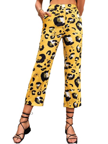 

leopard print slant pocket pants 32x0#, Black;white