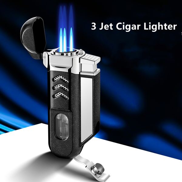 New Windproof 3 jato tubos de charuto gás isqueiros de metal Torch Turbo Butano Cigarros Lighter Charuto Punho Spray Gadgets Gadgets Homens Presente