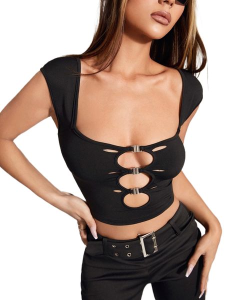 

cut out buckled detail square neck crop l3bl#, White
