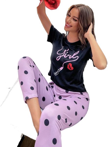

lip print tee & polka dot pants pajama set u3vf#, Black;red