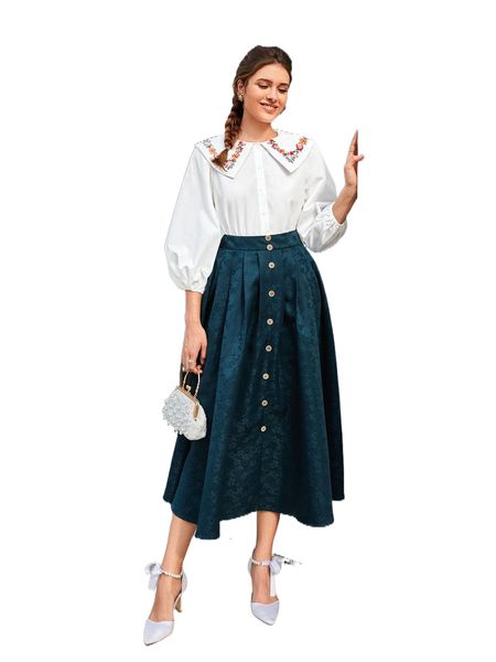 

floral embroidery bishop sleeve blouse v8as#, White