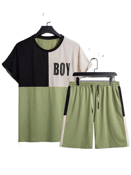 

men colorblock letter graphic tee & drawstring waist shorts c26y#, Gray