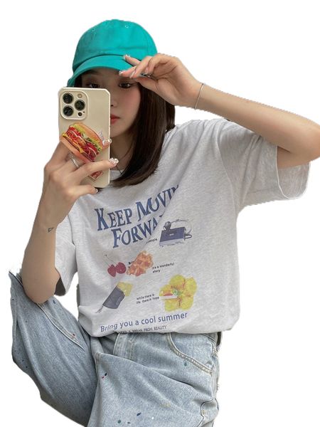 

dazy slogan & cartoon graphic drop shoulder tee p3am#, White