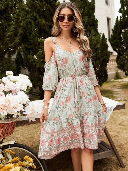 

floral print cold shoulder ruffle hem belted dress 38ae#, Black;gray