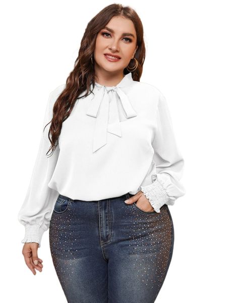 

plus tie neck lantern sleeve blouse m77o#, Black