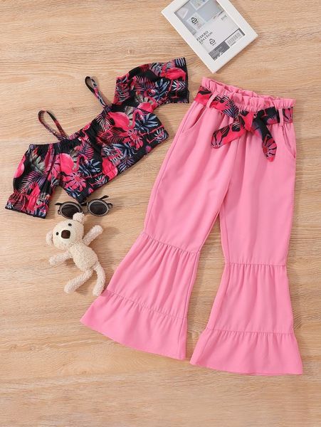 

toddler girls tropical print cold shoulder & belted flare leg pants she, White