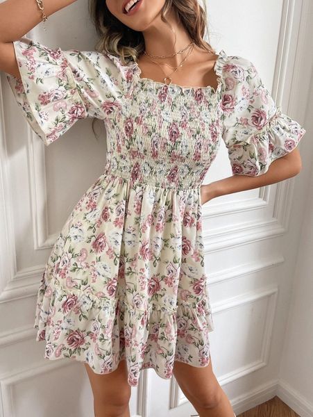 

floral print shirred flounce sleeve dress r55l#, Black;gray