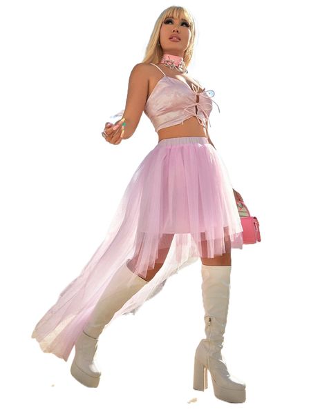 

high low hem mesh flare skirt c2lo#, Black