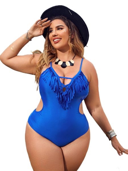 

plus neon blue fringe trim cut out one piece swimsuit z4il#, White;black