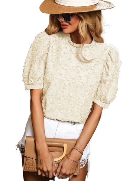 

puff sleeve tie back guipure lace detail fuzzy chiffon blouse a8d3#, White