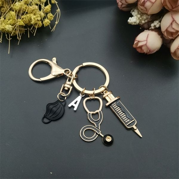 

a z letters design keychain doctor tool stethoscope syringe face mask key ring nurse gift souvenir 220623, Silver