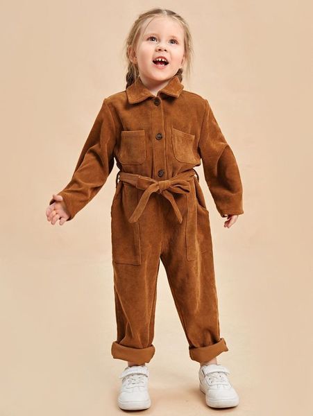 

toddler girls pocket patched belted corduroy jumpsuit she, Blue