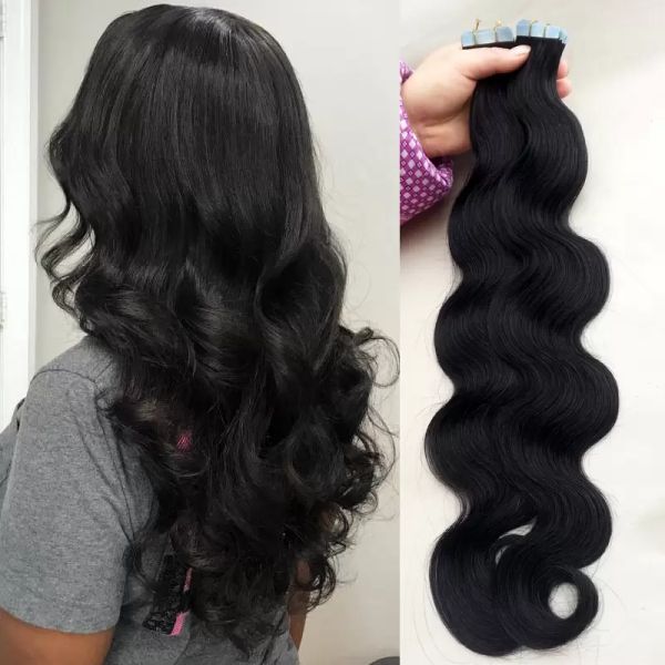 Fita adesiva de onda corporal de cor natural em extensões de cabelo humano remy mulheres negras