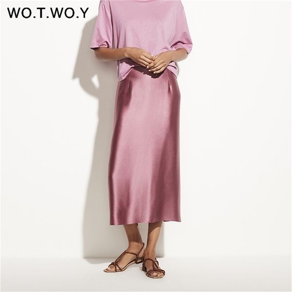 

wotwoy summer casual basic skirts women 2020 office lady solid mid calf pencil skirt women black pink long skirts jupe femme lj200819